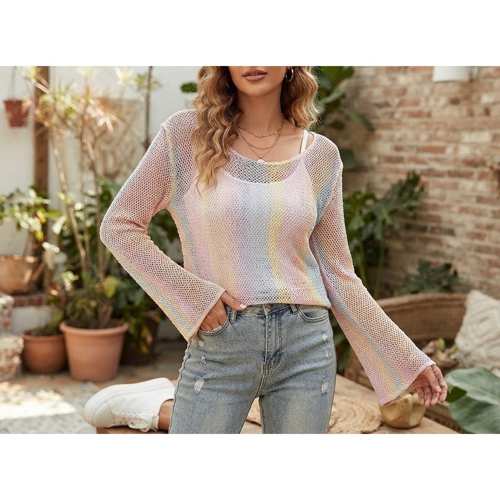 White Birch Womens Pastel Rainbow Open Knit Sweater Long Sleeve Large T11975XL
